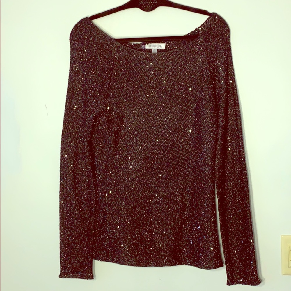 Jennifer Lopez Black Sweater Sequin Top